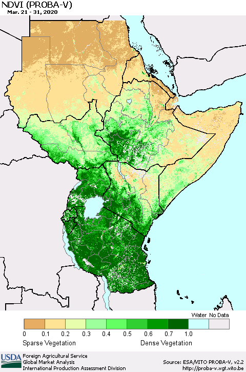 Eastern Africa NDVI (PROBA-V) Thematic Map For 3/21/2020 - 3/31/2020