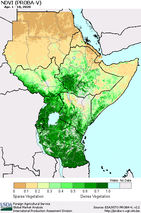 Eastern Africa NDVI (PROBA-V) Thematic Map For 4/1/2020 - 4/10/2020