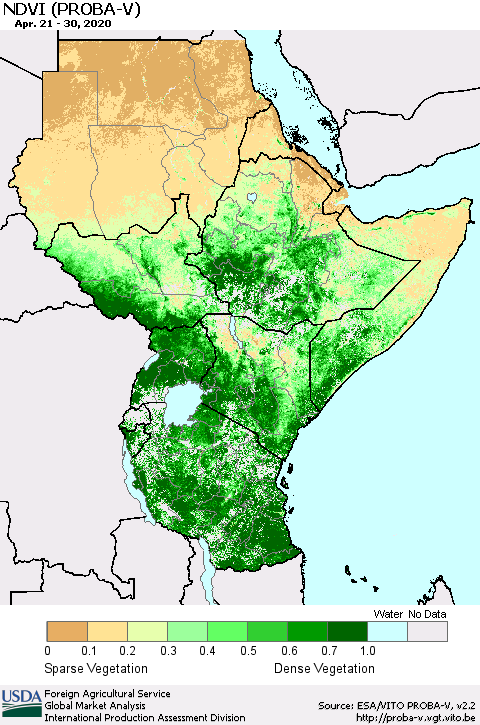 Eastern Africa NDVI (PROBA-V) Thematic Map For 4/21/2020 - 4/30/2020