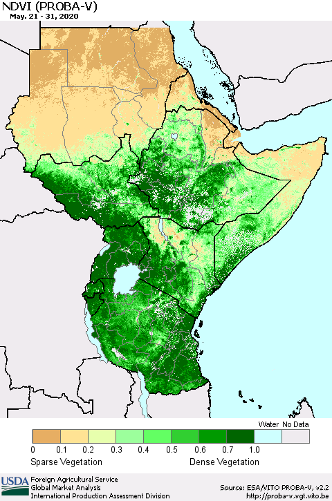 Eastern Africa NDVI (PROBA-V) Thematic Map For 5/21/2020 - 5/31/2020