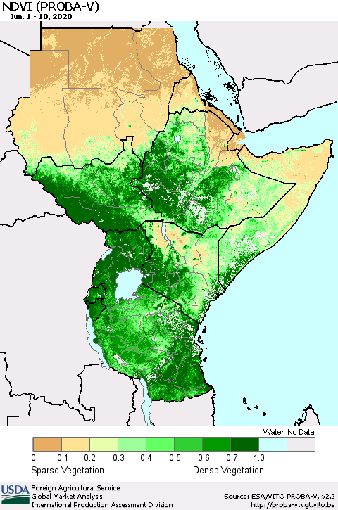 Eastern Africa NDVI (PROBA-V) Thematic Map For 6/1/2020 - 6/10/2020