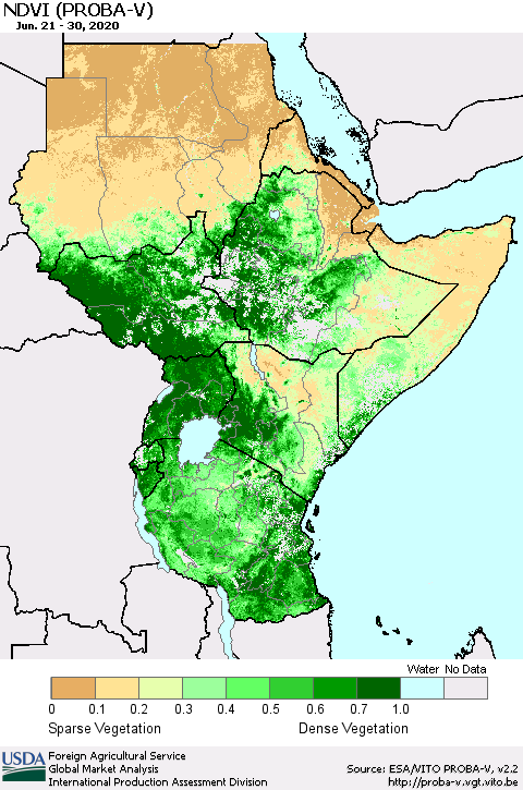 Eastern Africa NDVI (PROBA-V) Thematic Map For 6/21/2020 - 6/30/2020