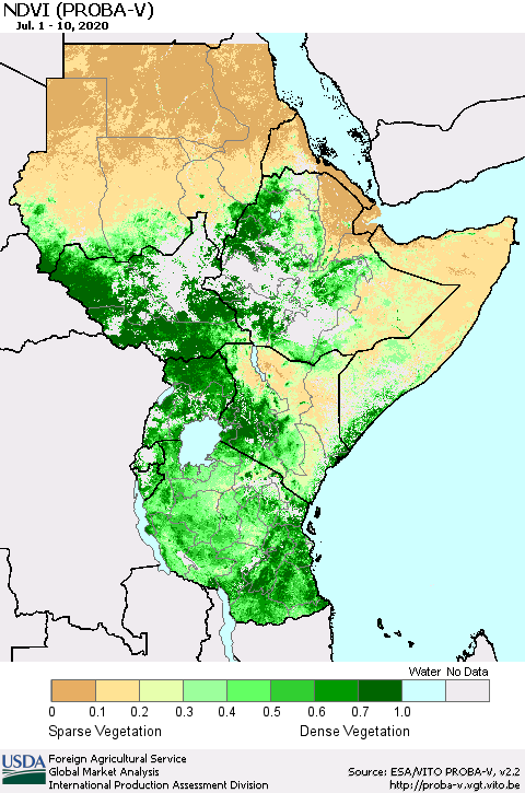 Eastern Africa NDVI (PROBA-V) Thematic Map For 7/1/2020 - 7/10/2020