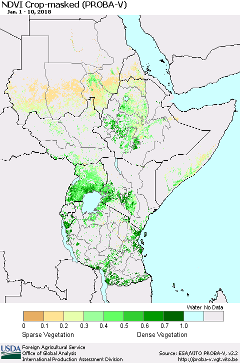 Eastern Africa NDVI Crop-masked (PROBA-V) Thematic Map For 1/1/2018 - 1/10/2018
