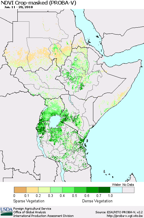 Eastern Africa NDVI Crop-masked (PROBA-V) Thematic Map For 1/11/2018 - 1/20/2018