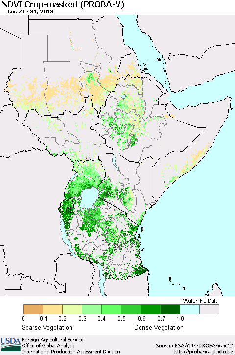 Eastern Africa NDVI Crop-masked (PROBA-V) Thematic Map For 1/21/2018 - 1/31/2018