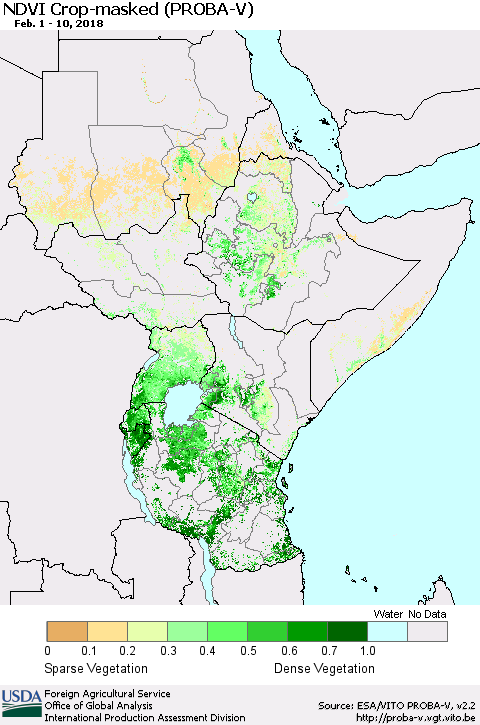 Eastern Africa NDVI Crop-masked (PROBA-V) Thematic Map For 2/1/2018 - 2/10/2018