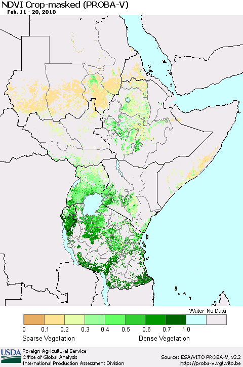 Eastern Africa NDVI Crop-masked (PROBA-V) Thematic Map For 2/11/2018 - 2/20/2018
