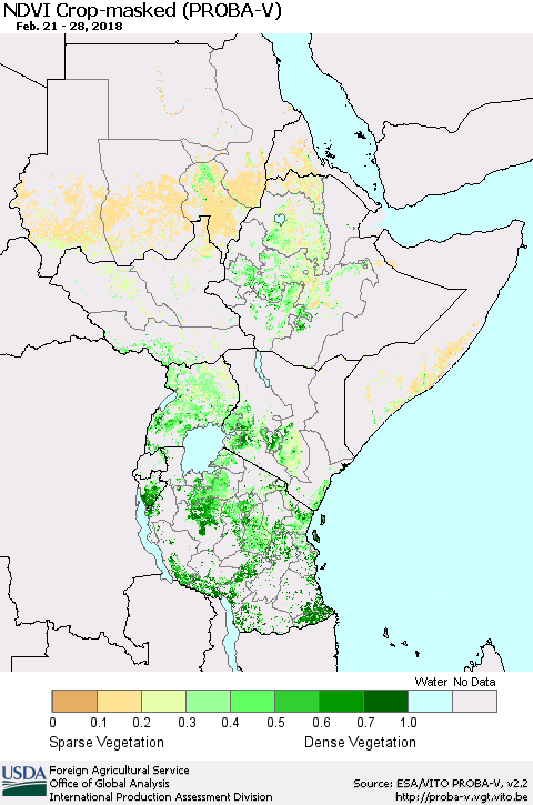 Eastern Africa NDVI Crop-masked (PROBA-V) Thematic Map For 2/21/2018 - 2/28/2018