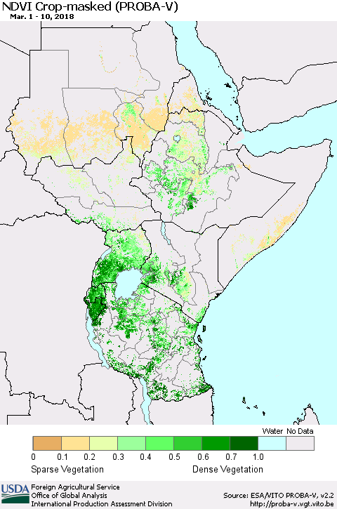 Eastern Africa NDVI Crop-masked (PROBA-V) Thematic Map For 3/1/2018 - 3/10/2018