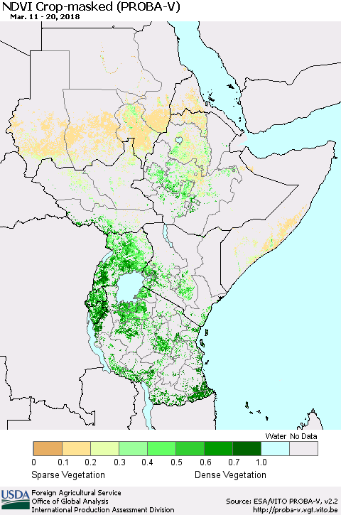 Eastern Africa NDVI Crop-masked (PROBA-V) Thematic Map For 3/11/2018 - 3/20/2018