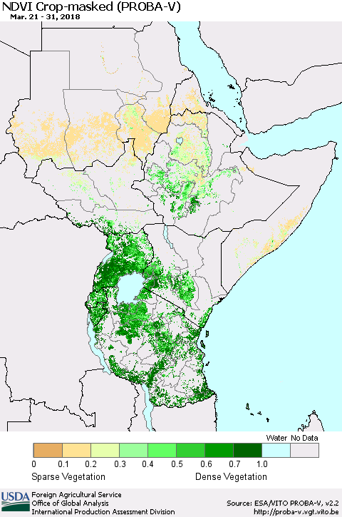 Eastern Africa NDVI Crop-masked (PROBA-V) Thematic Map For 3/21/2018 - 3/31/2018