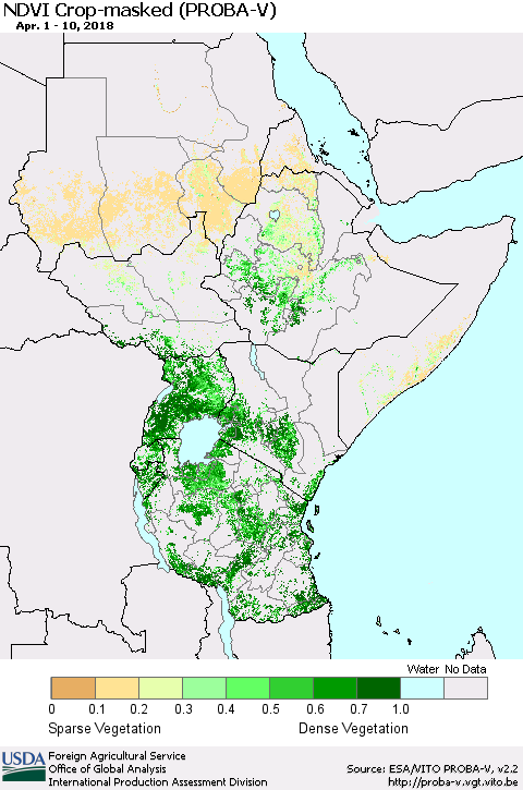 Eastern Africa NDVI Crop-masked (PROBA-V) Thematic Map For 4/1/2018 - 4/10/2018