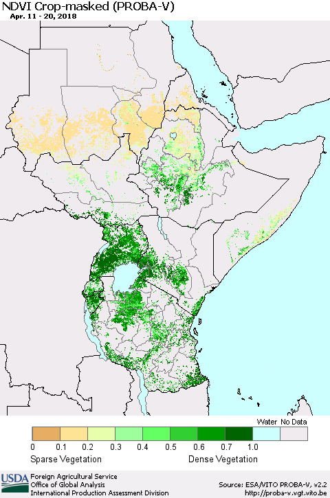 Eastern Africa NDVI Crop-masked (PROBA-V) Thematic Map For 4/11/2018 - 4/20/2018