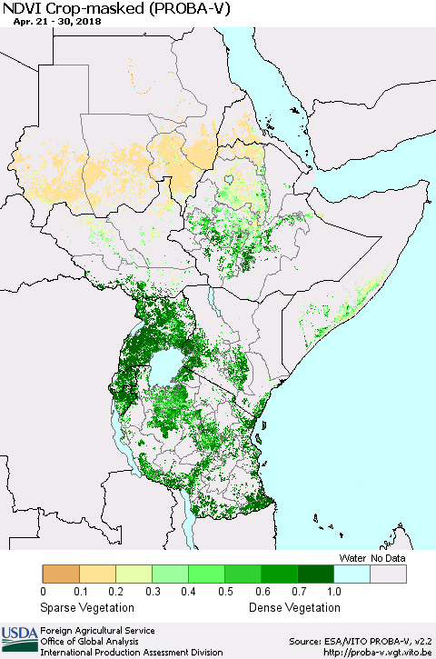 Eastern Africa NDVI Crop-masked (PROBA-V) Thematic Map For 4/21/2018 - 4/30/2018