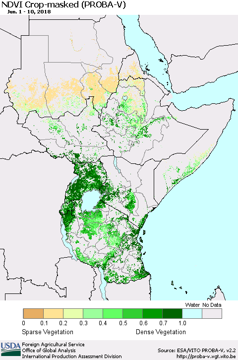 Eastern Africa NDVI Crop-masked (PROBA-V) Thematic Map For 6/1/2018 - 6/10/2018
