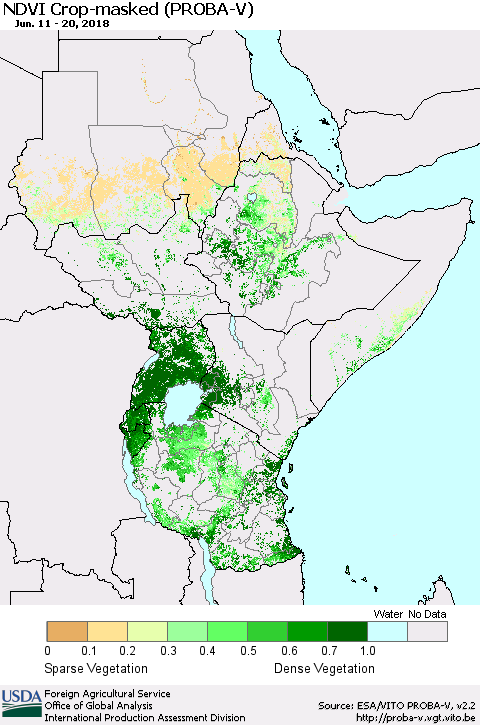 Eastern Africa NDVI Crop-masked (PROBA-V) Thematic Map For 6/11/2018 - 6/20/2018