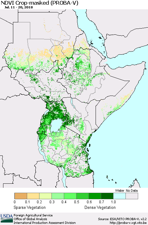 Eastern Africa NDVI Crop-masked (PROBA-V) Thematic Map For 7/11/2018 - 7/20/2018