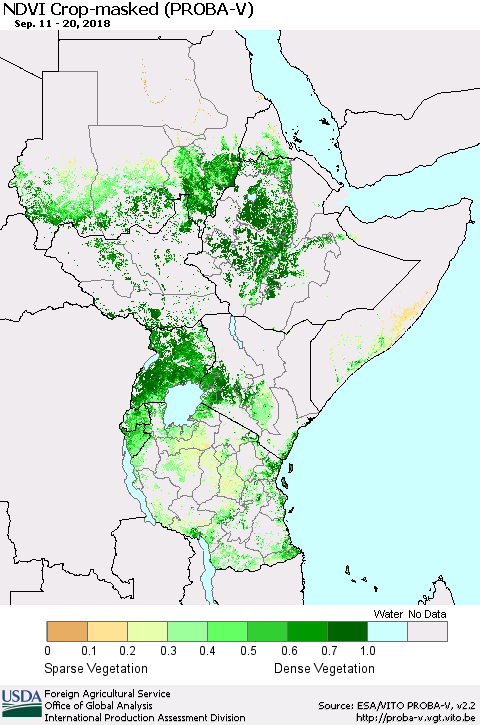 Eastern Africa NDVI Crop-masked (PROBA-V) Thematic Map For 9/11/2018 - 9/20/2018