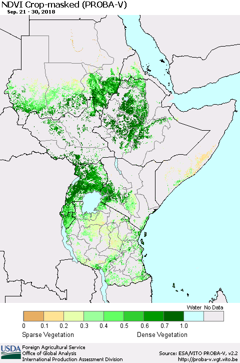 Eastern Africa NDVI Crop-masked (PROBA-V) Thematic Map For 9/21/2018 - 9/30/2018