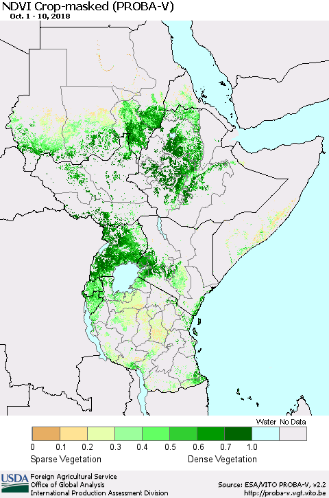 Eastern Africa NDVI Crop-masked (PROBA-V) Thematic Map For 10/1/2018 - 10/10/2018