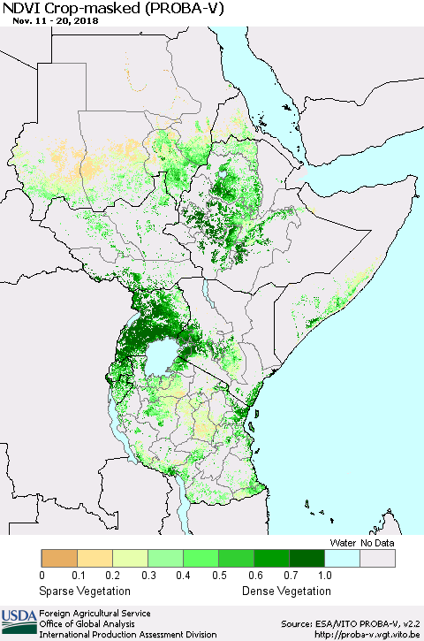 Eastern Africa NDVI Crop-masked (PROBA-V) Thematic Map For 11/11/2018 - 11/20/2018