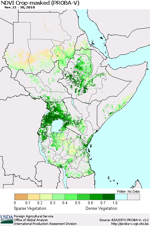 Eastern Africa NDVI Crop-masked (PROBA-V) Thematic Map For 11/21/2018 - 11/30/2018