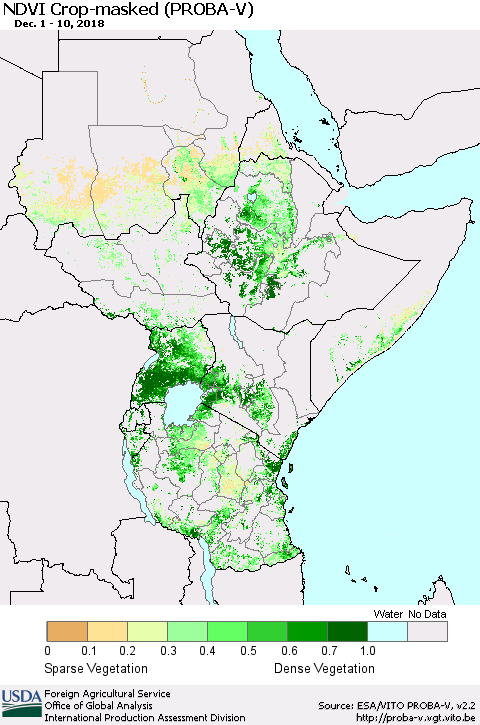 Eastern Africa NDVI Crop-masked (PROBA-V) Thematic Map For 12/1/2018 - 12/10/2018
