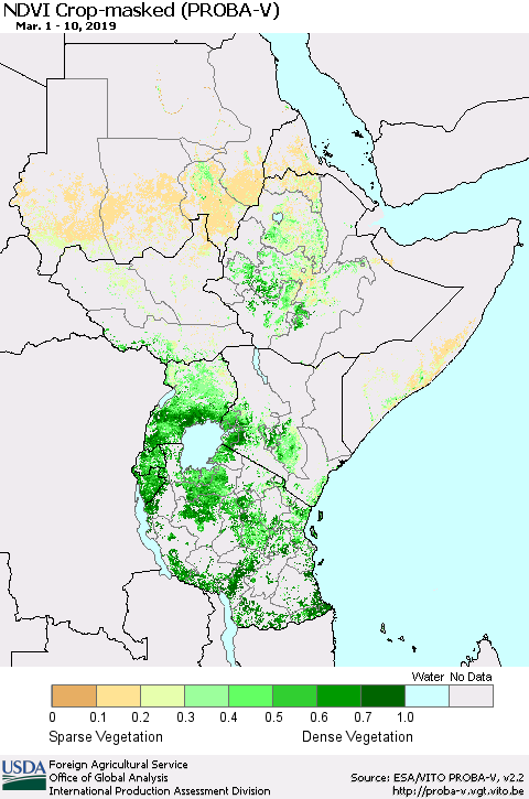 Eastern Africa NDVI Crop-masked (PROBA-V) Thematic Map For 3/1/2019 - 3/10/2019