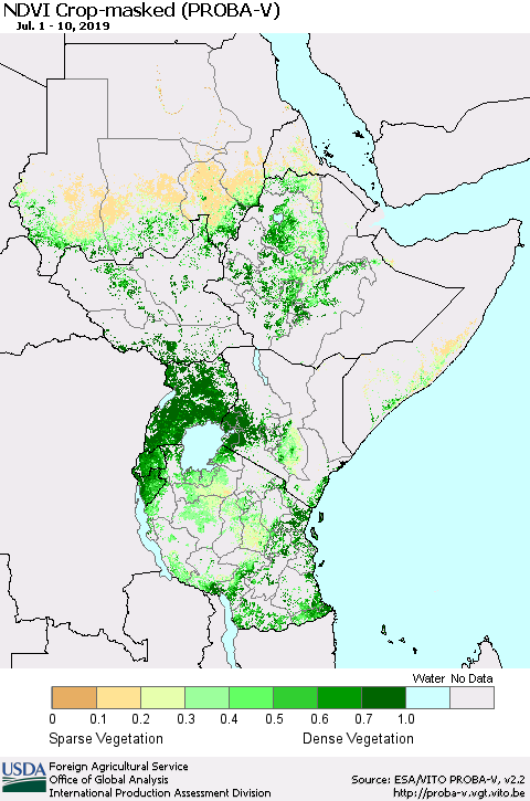 Eastern Africa NDVI Crop-masked (PROBA-V) Thematic Map For 7/1/2019 - 7/10/2019