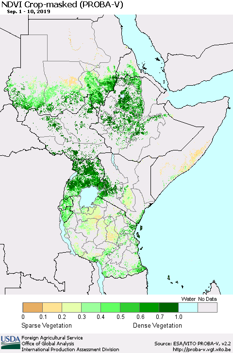 Eastern Africa NDVI Crop-masked (PROBA-V) Thematic Map For 9/1/2019 - 9/10/2019