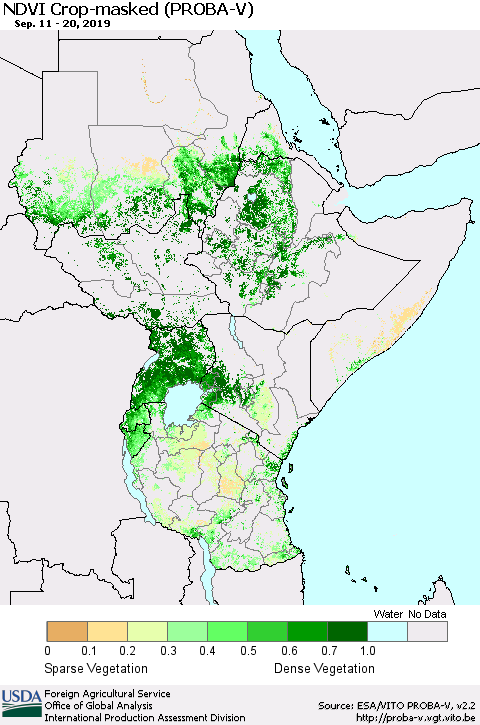 Eastern Africa NDVI Crop-masked (PROBA-V) Thematic Map For 9/11/2019 - 9/20/2019