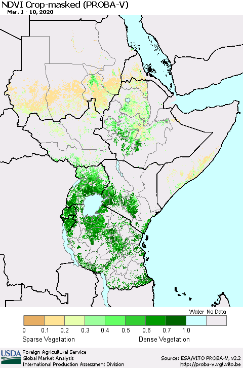 Eastern Africa NDVI Crop-masked (PROBA-V) Thematic Map For 3/1/2020 - 3/10/2020