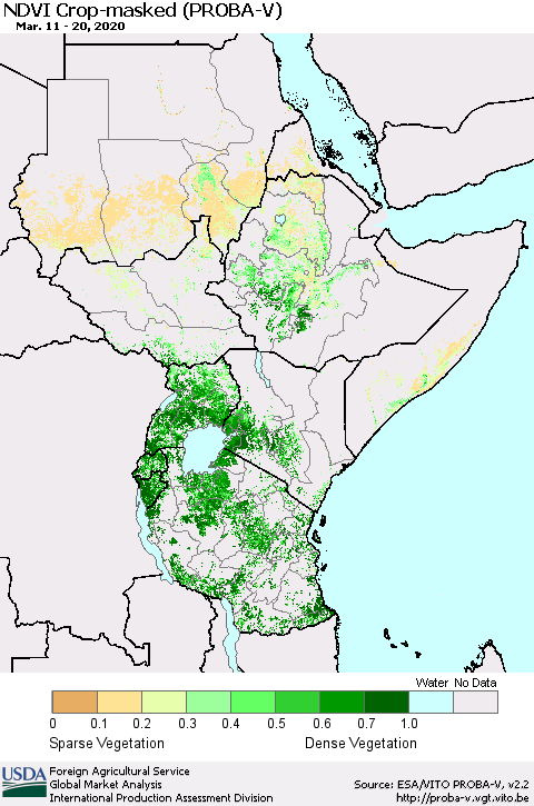 Eastern Africa NDVI Crop-masked (PROBA-V) Thematic Map For 3/11/2020 - 3/20/2020