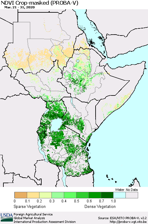 Eastern Africa NDVI Crop-masked (PROBA-V) Thematic Map For 3/21/2020 - 3/31/2020