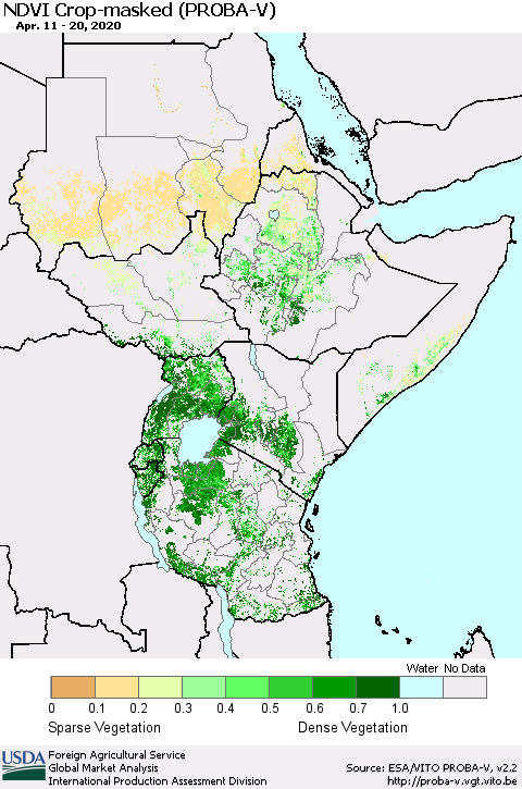 Eastern Africa NDVI Crop-masked (PROBA-V) Thematic Map For 4/11/2020 - 4/20/2020