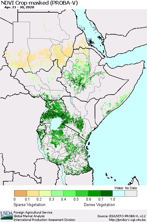 Eastern Africa NDVI Crop-masked (PROBA-V) Thematic Map For 4/21/2020 - 4/30/2020