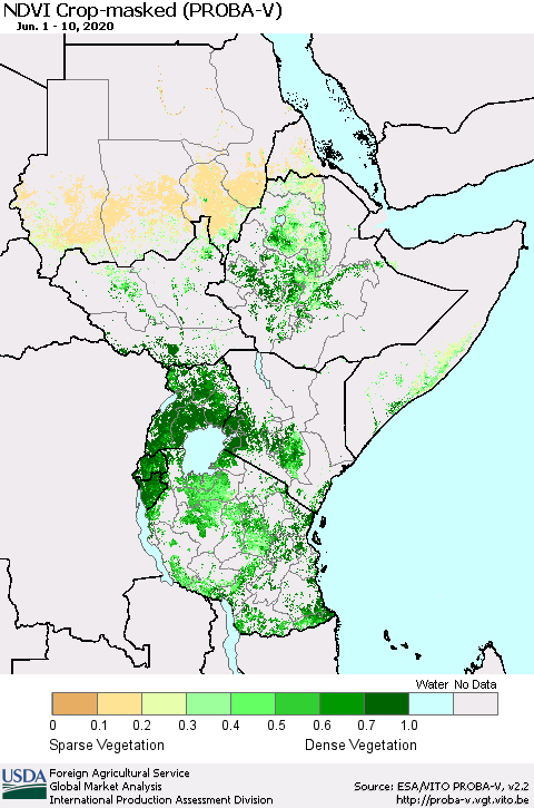 Eastern Africa NDVI Crop-masked (PROBA-V) Thematic Map For 6/1/2020 - 6/10/2020