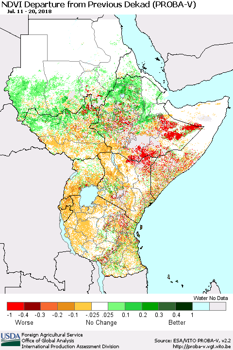 Eastern Africa NDVI Departure from Previous Dekad (PROBA-V) Thematic Map For 7/11/2018 - 7/20/2018