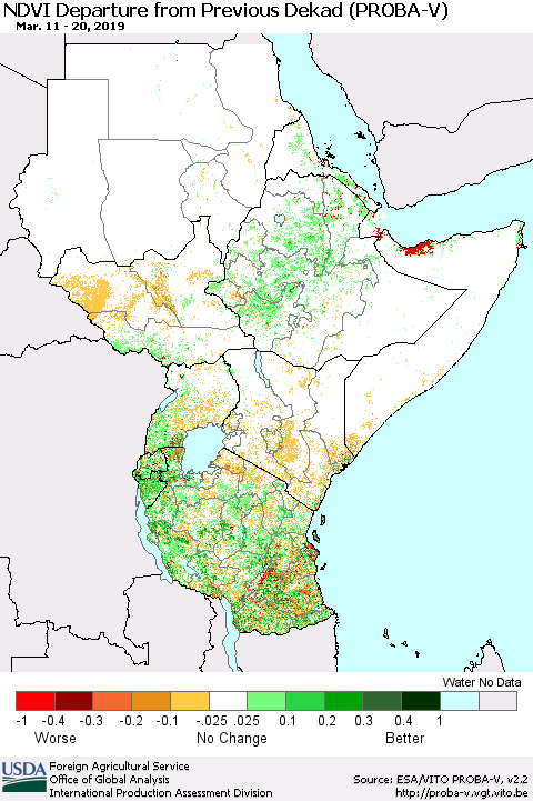 Eastern Africa NDVI Departure from Previous Dekad (PROBA-V) Thematic Map For 3/11/2019 - 3/20/2019