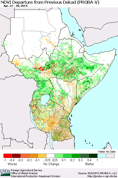 Eastern Africa NDVI Departure from Previous Dekad (PROBA-V) Thematic Map For 4/21/2019 - 4/30/2019