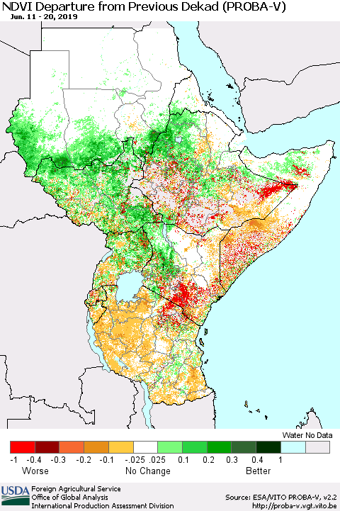 Eastern Africa NDVI Departure from Previous Dekad (PROBA-V) Thematic Map For 6/11/2019 - 6/20/2019