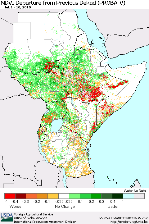 Eastern Africa NDVI Departure from Previous Dekad (PROBA-V) Thematic Map For 7/1/2019 - 7/10/2019