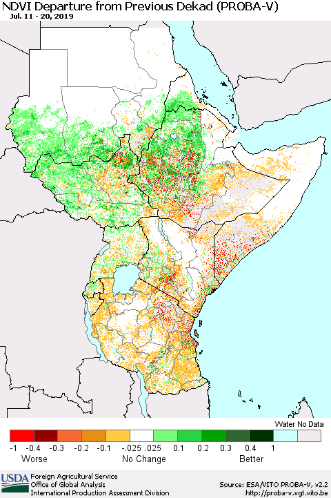 Eastern Africa NDVI Departure from Previous Dekad (PROBA-V) Thematic Map For 7/11/2019 - 7/20/2019