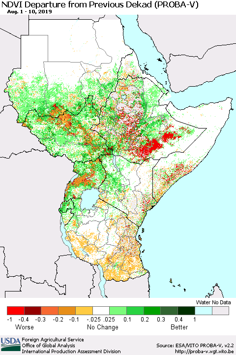 Eastern Africa NDVI Departure from Previous Dekad (PROBA-V) Thematic Map For 8/1/2019 - 8/10/2019
