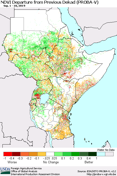 Eastern Africa NDVI Departure from Previous Dekad (PROBA-V) Thematic Map For 9/1/2019 - 9/10/2019