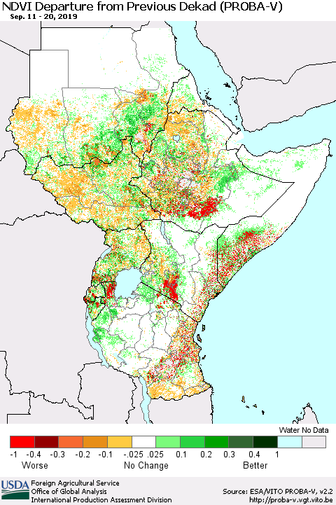 Eastern Africa NDVI Departure from Previous Dekad (PROBA-V) Thematic Map For 9/11/2019 - 9/20/2019