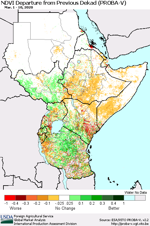 Eastern Africa NDVI Departure from Previous Dekad (PROBA-V) Thematic Map For 3/1/2020 - 3/10/2020