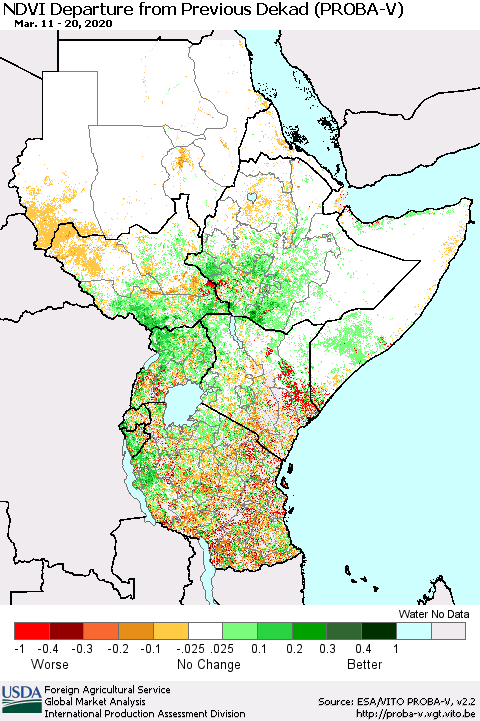 Eastern Africa NDVI Departure from Previous Dekad (PROBA-V) Thematic Map For 3/11/2020 - 3/20/2020