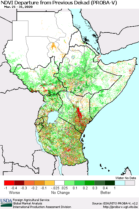 Eastern Africa NDVI Departure from Previous Dekad (PROBA-V) Thematic Map For 3/21/2020 - 3/31/2020